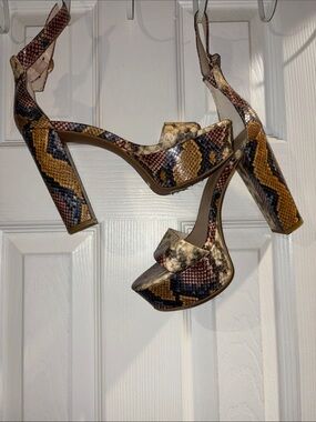 BAMBOO Multicolor Snake-Print Platform Block Heel Sandals